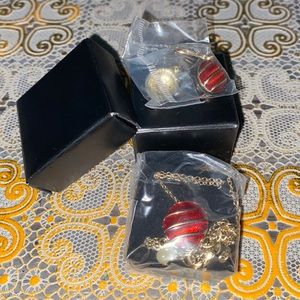 Avon brand earrings and necklace set, red and gold.